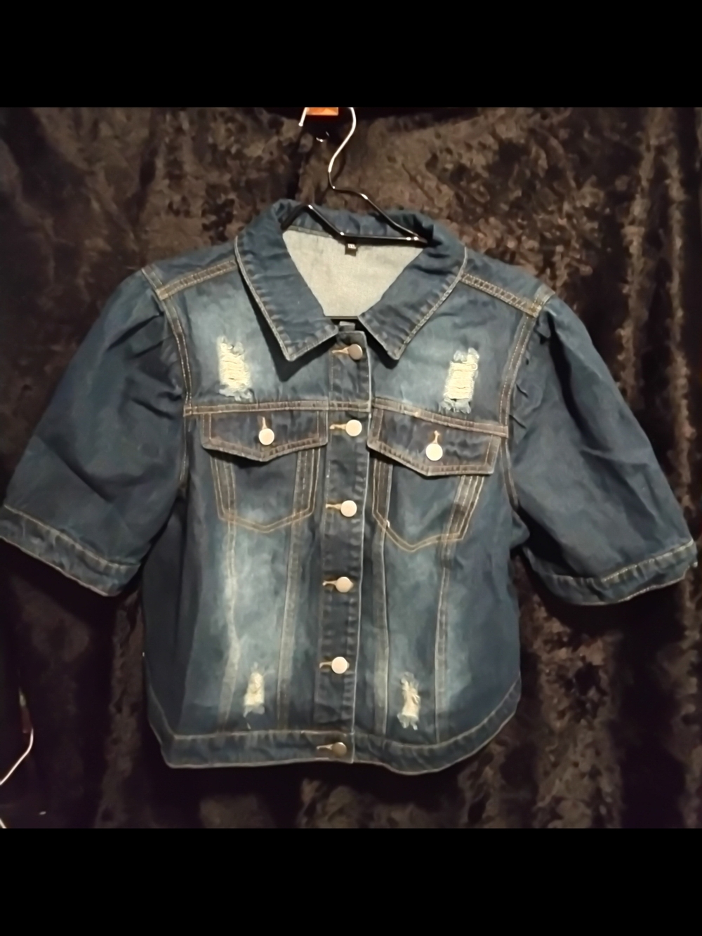 SHEIN Blue Distressed Short Sleeve Denim Jacket